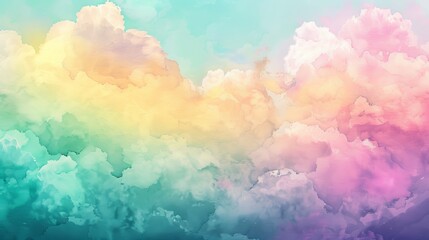 Fototapeta premium Abstract watercolor sunset sky with fluffy clouds, rainbow hues swirling across a wide banner background in pink, green, yellow, and purple