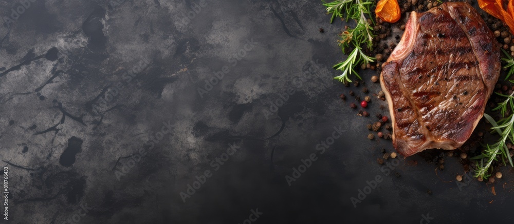 Poster A top down perspective of a grilled T bone steak placed on a stone table providing ample copy space for you to add your text