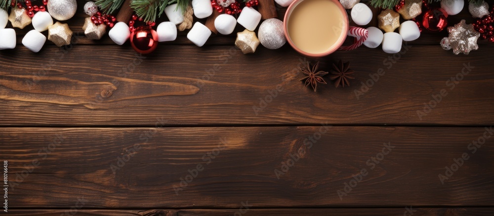 Poster A delightful top down view of a Christmas themed background featuring a steaming mug of hot cocoa adorned with fluffy marshmallows with plenty of empty space for additional content
