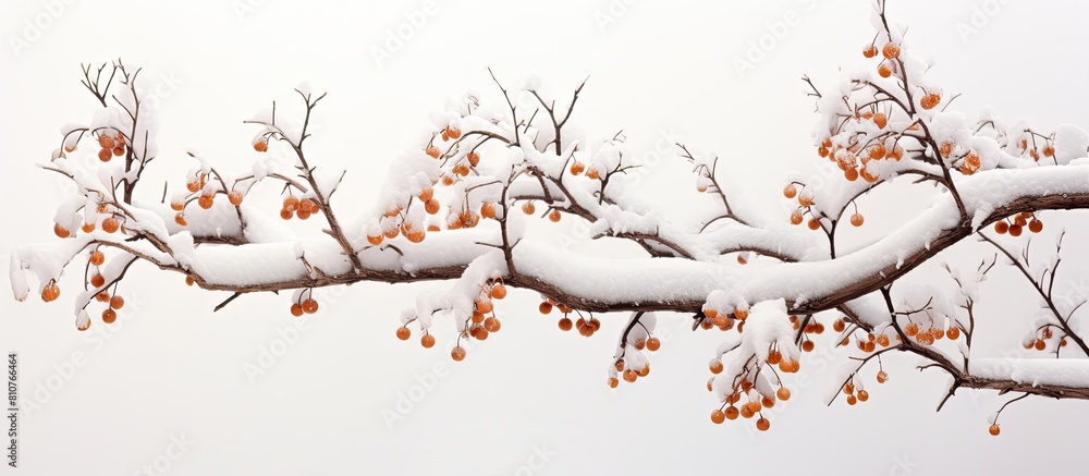 Aufkleber a wintery scene of a brown tree branch covered in snow offering the perfect backdrop for a copy spac