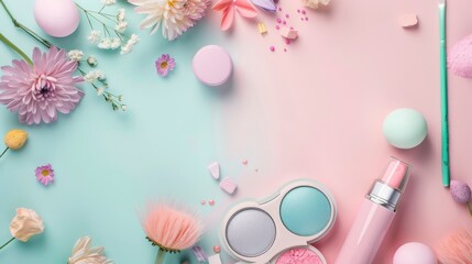 A colorful display of makeup and flowers on a blue and pink background