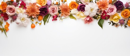 The white background provides a captivating copy space image where warm colored flowers form an elegant frame