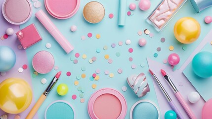 Naklejka premium A colorful display of makeup and flowers on a blue and pink background