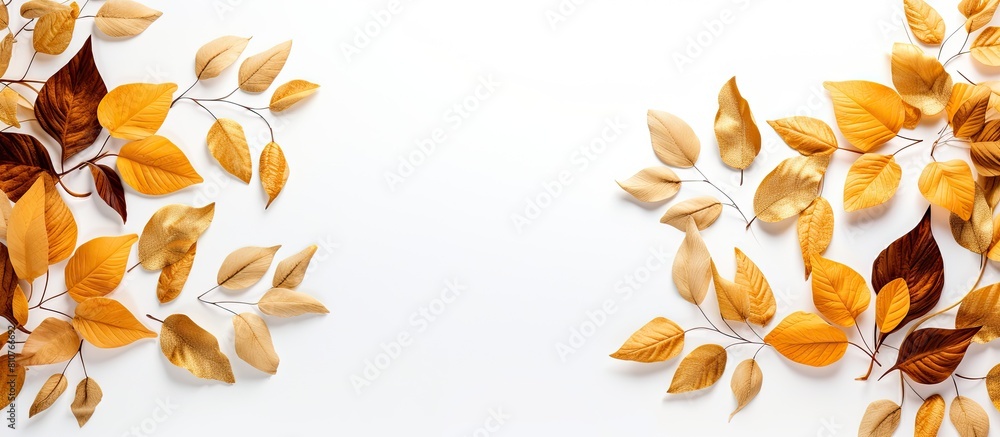 Poster top view of a tropical themed composition featuring a frame composed of golden autumn leaves on a wh