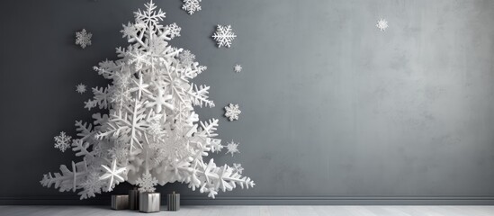 Copy space image of a snowflake adorned homemade Christmas tree against a gray wall in a room
