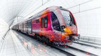 Abstract low poly 3d wireframe of modern train