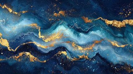 Captivating art painting of fairytale waves in blue and gold, magically blending to form enchanting patterns, perfect for kids' books