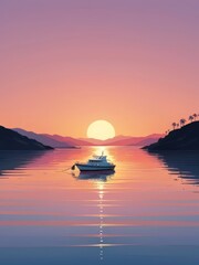 flat illustration of boat in the lake and sunset