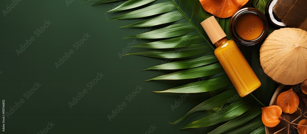 Poster a flatlay composition with a variety of body care items including tropical leaves on a colorful back
