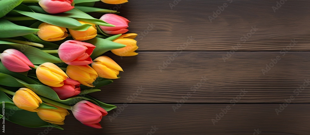 Poster top view of spring tulips on a wooden background creating a visually appealing copy space image