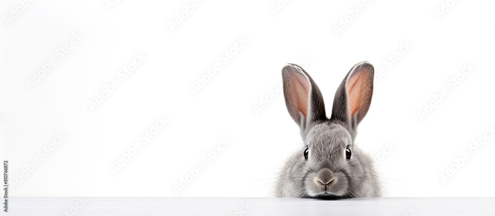 Poster a grey rabbit is seen against a white backdrop in this copy space image