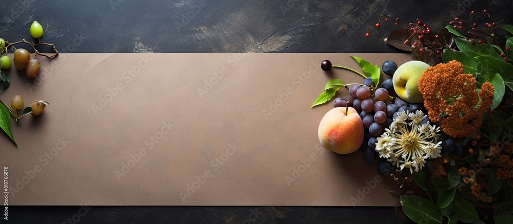 Aufkleber A dark stone table with a sheet of brown paper for writing green gooseberries and blueberries a bouquet of field daisies and scissors create a background for creativity in this top view copy space im