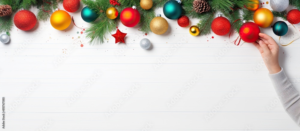 Poster colorful balls garland and fir branches adorn a white table where children have crafted diy homemade