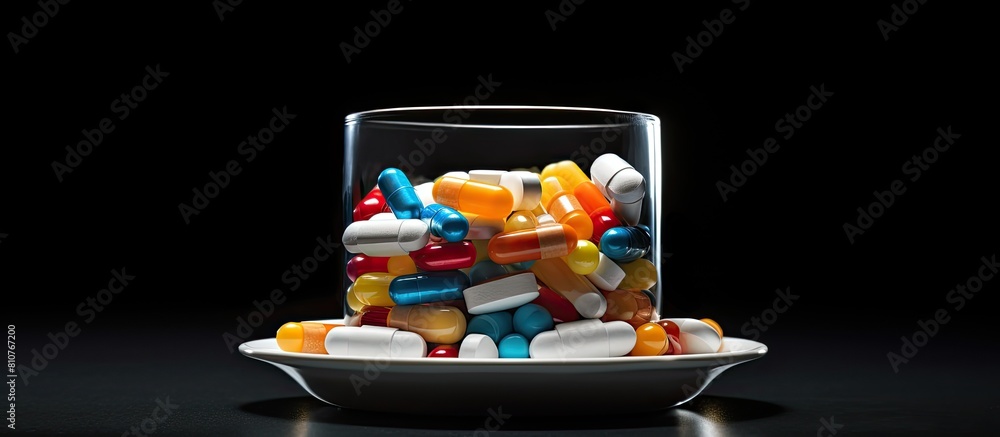 Poster a small cup filled with medicine capsules providing ample copy space for displaying the image