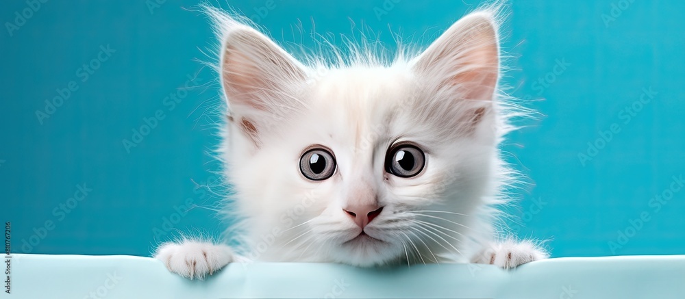 Poster a cute laperm kitten with frizzy fur stands in a white image frame looking directly at the camera it