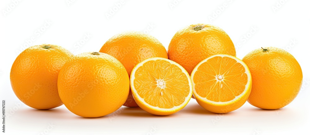 Poster a citrusy delight freshly cut oranges placed on a pristine white backdrop ready for center stage amp