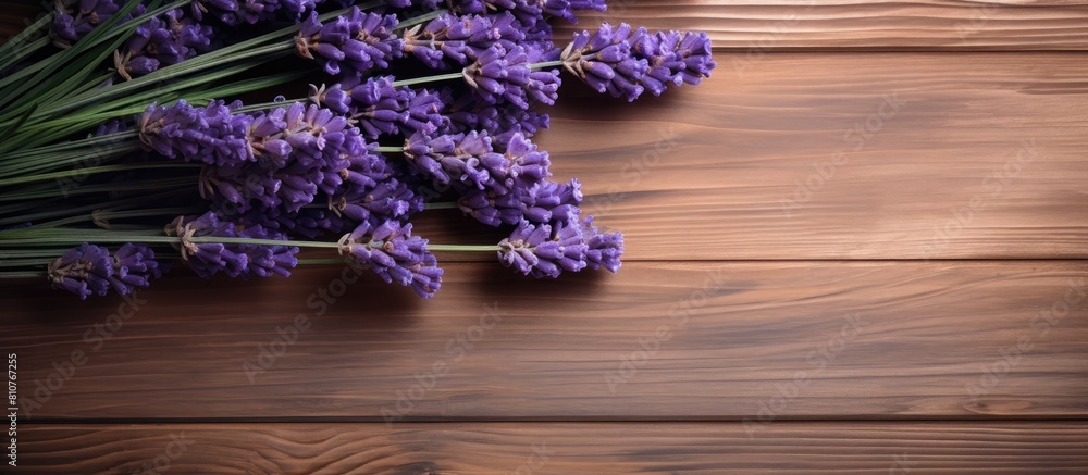 Aufkleber a top down view of fresh lavender bouquet with wood as the background creates a captivating copy spa