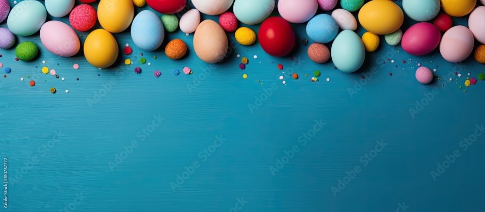 Aufkleber A vibrant Easter themed background with a collection of multi colored eggs arranged on a blue table A banner is included offering copy space for text The image is taken from a top down perspective
