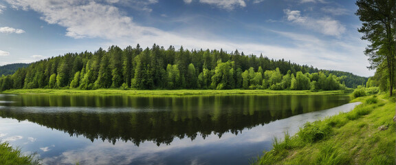 Fototapeta premium beautiful nature landscape with big lake, magical panorama on country side