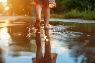 A young girl enjoys splashing in puddles Fictional Character Created By Generative AI. 