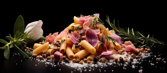 A copy space image showcasing a colorful arrangement of Italian pasta accompanied by pink Himalayan salt and fragrant Provencal herbs against a striking black background - Powered by Adobe