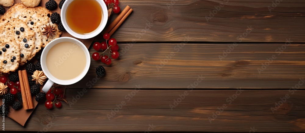 Poster top view of a healthy breakfast featuring a plate of oat flakes topped with honey milk apple slices 