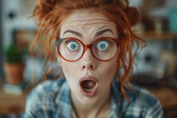 A woman with red hair and glasses making a surprised face, wide-eyed shocked expression, expressive surprise, shocked look.
