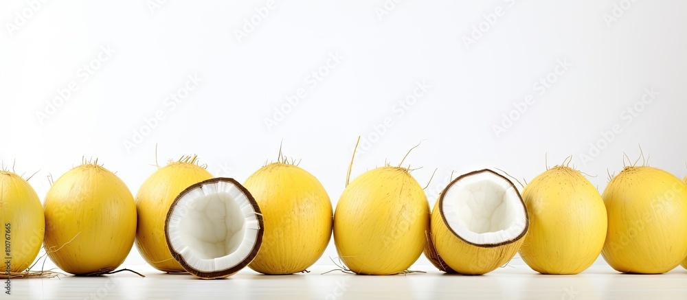 Poster copy space image of yellow coconuts against a white backdrop
