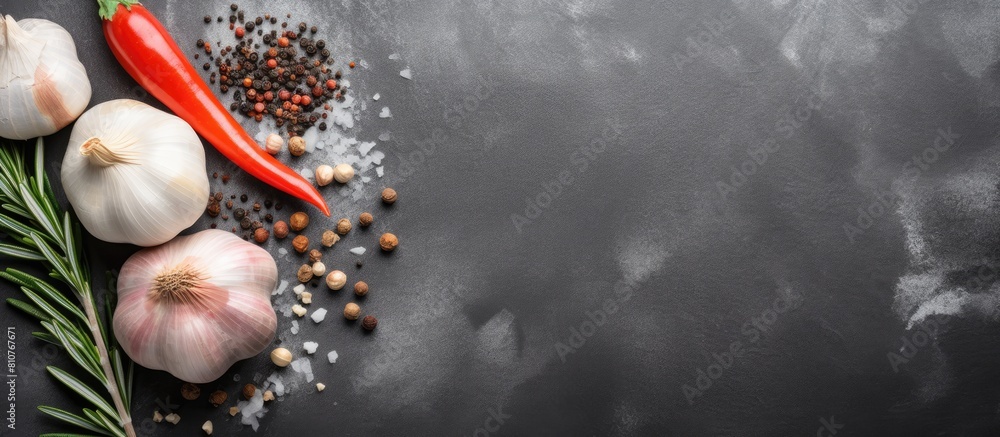 Aufkleber Top view of garlic rosemary black pepper and salt on a grey concrete background creating a visually appealing copy space image