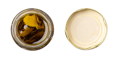 Truffle Slices Jar Isolated, Tuber Melanosporum Mushroom Pieces in Oil, Canned Black Truffle