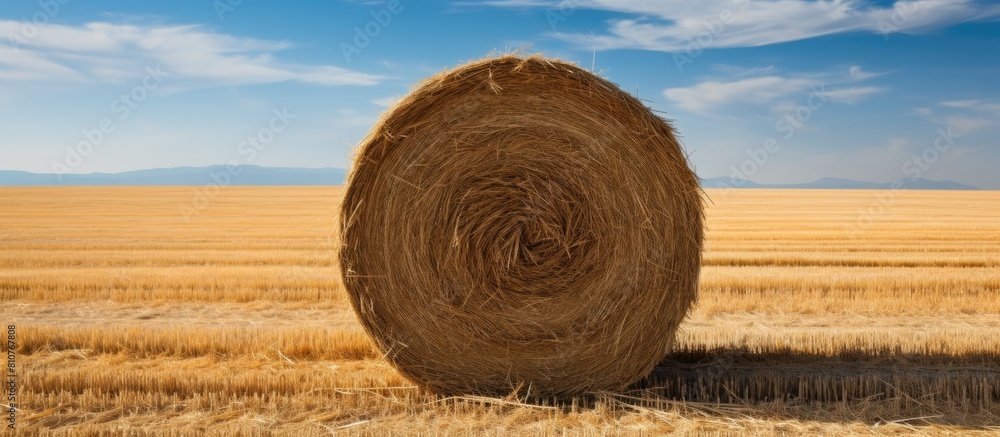 Poster A copy space image featuring a ready to pick up large round bale of hay as seen from the front