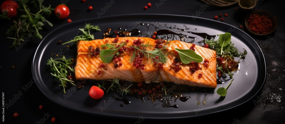 Poster above a horizontal view captures a flatlay of a black plate adorned with a succulent baked salmon fi
