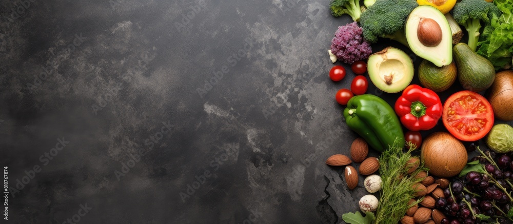 Poster a top view of a stone background decorated with a variety of fresh vegetables nuts and fruits symbol