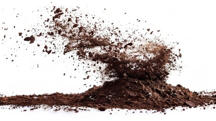 Close-up view of flying soil dirt scattering to form a natural pile, elegantly isolated on a white background with studio lighting