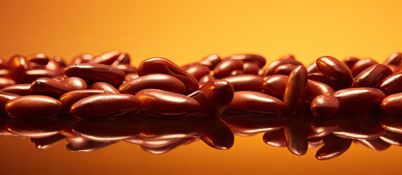 Large Maragogipe coffee beans arranged on a trendy saffron background creating a shiny and iridescent image with ample copy space