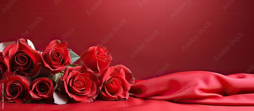 Poster a beautiful arrangement of rose flowers on a red satin background with a delicate draping and ample 