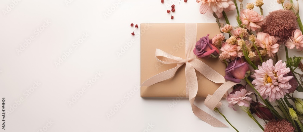 Poster A light background showcases a top down view of various elements including a blank note kraft envelope gift box fabric and flowers creating a visually appealing copy space image