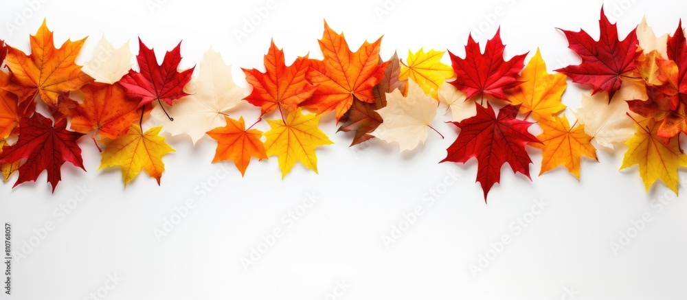 Poster A vibrant arrangement of maple leaves is placed as a decorative element against the backdrop of a white surface creating a captivating copy space image