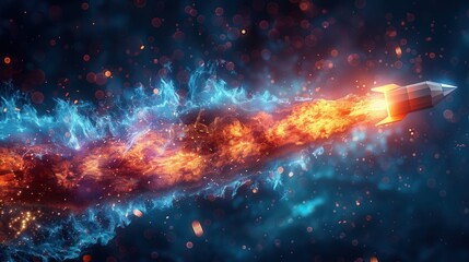Fototapeta premium Abstract digital launching rocket with fire