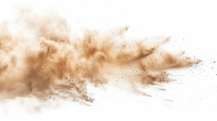 Detailed close-up of a sandstorm dust cloud, small particles flying through the air, isolated on a white background, studio-lit