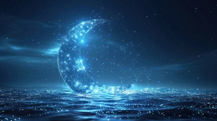 Abstract digital Ramadan moon on night starry sky background