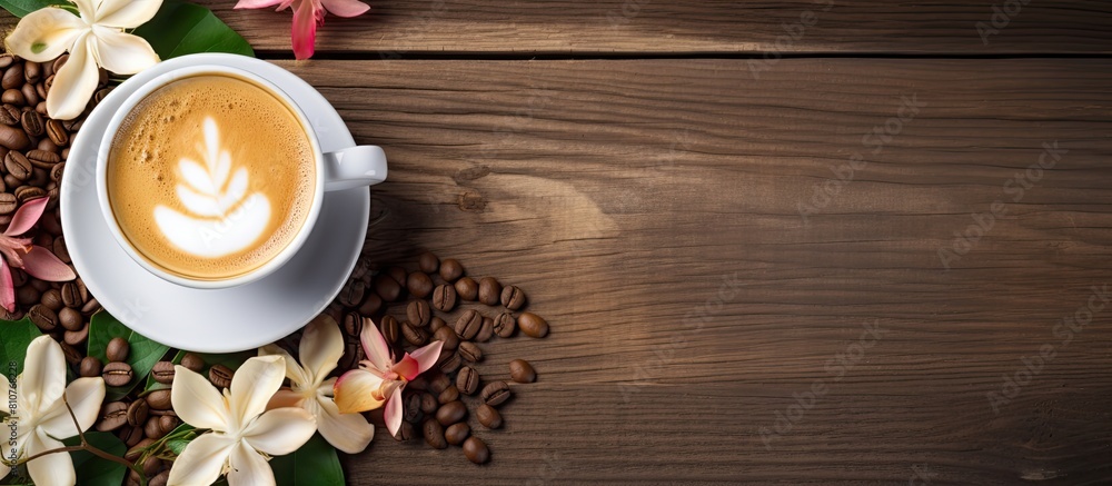 Wall mural Coffee latte with a beautiful flower design and coffee beans on a rustic wooden background illustrating the concept of enjoying a hot beverage 189 characters. Creative banner. Copyspace image - Wall murals