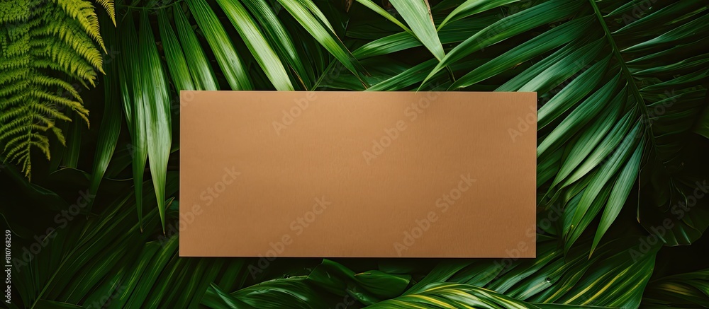 Poster a copy space image showing a plain brown paper placed on top of vibrant tropical palm leaves against