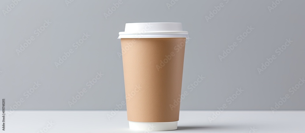 Aufkleber A disposable coffee cup with a closed plastic lid designed to be easily recycled This takeaway drink is showcased in a flat lay on a gray background creating a mock up image with plenty of copy space