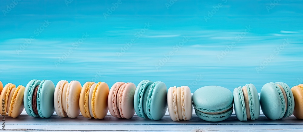 Poster a vibrant array of macarons arranged on a captivating blue wooden surface creating an aesthetically 