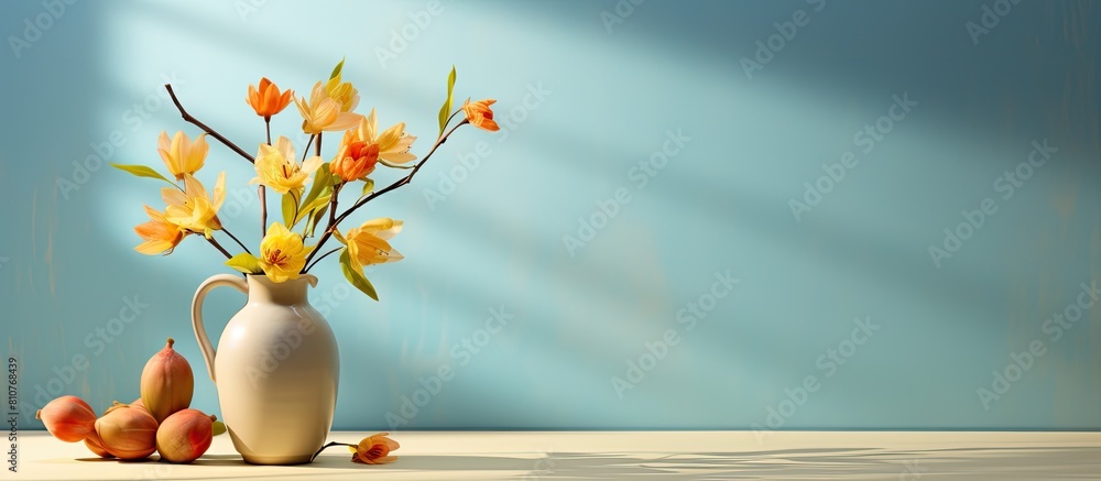 Aufkleber a spring themed image with vibrant flowers on a desk against a blurred wall background the shadows a
