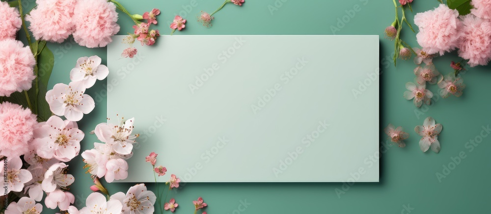 Aufkleber top view of a wedding invitation card mockup template with pink flowers on a green background offeri