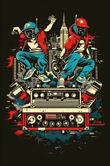Bold and Energetic Streetwear T Shirt Design with a Hip Hop Dance Crew Boomboxes and Cityscapes on a Black Background