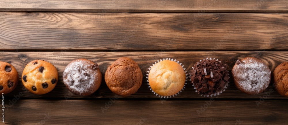Fototapete the top view shows delicious homemade sweet chocolate and vanilla muffins displayed on a wooden tabl