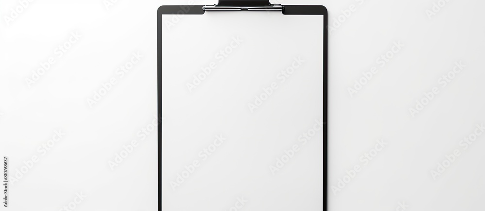 Poster a white sheet is attached to a black clipboard which is placed on a white background creating a copy